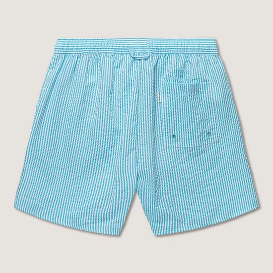 Seersucker swimshorts in blue and white fine stripe and front tie - Image 3
