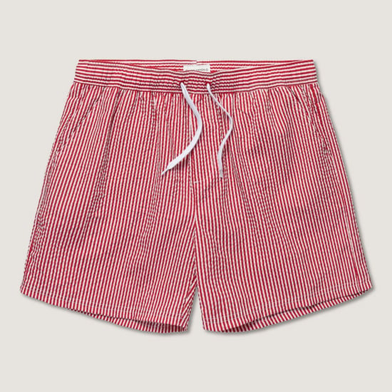 Seersucker swimshorts in rede and white fine stripe and front tie - Image 2