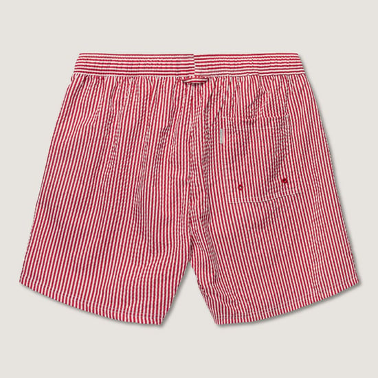 Seersucker swimshorts in rede and white fine stripe and front tie - Image 3