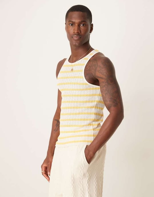 ASOS DESIGN muskelpassform väst med rundad hals i strukturerad vit och gul rand - Image 2