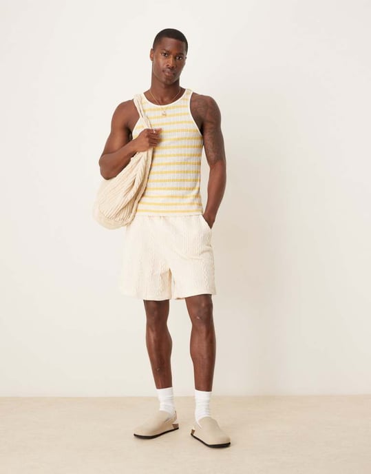 ASOS DESIGN muskelpassform väst med rundad hals i strukturerad vit och gul rand - Image 3
