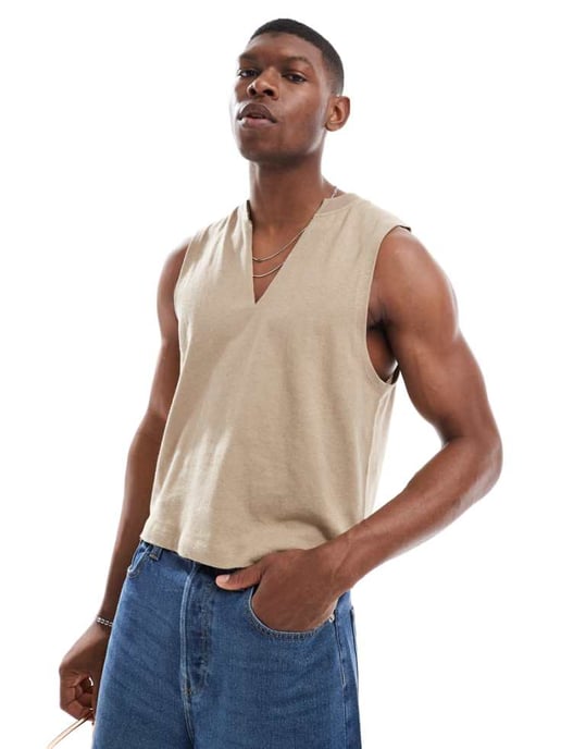 ASOS DESIGN v-ringad linne-top i stenmix - Image 1