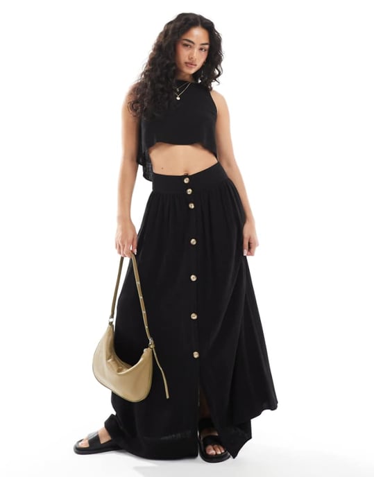 ASOS DESIGN samordnad linne maxikjol med knapppdetalj framtill i svart - Image 1