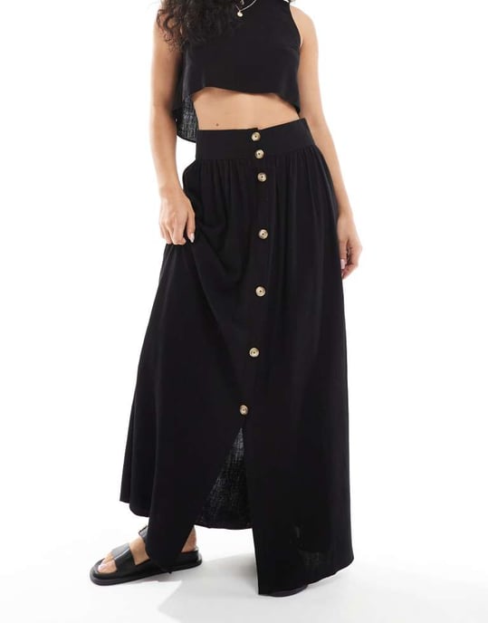 ASOS DESIGN samordnad linne maxikjol med knapppdetalj framtill i svart - Image 2
