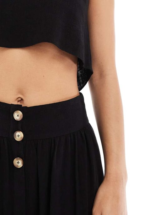 ASOS DESIGN samordnad linne maxikjol med knapppdetalj framtill i svart - Image 3