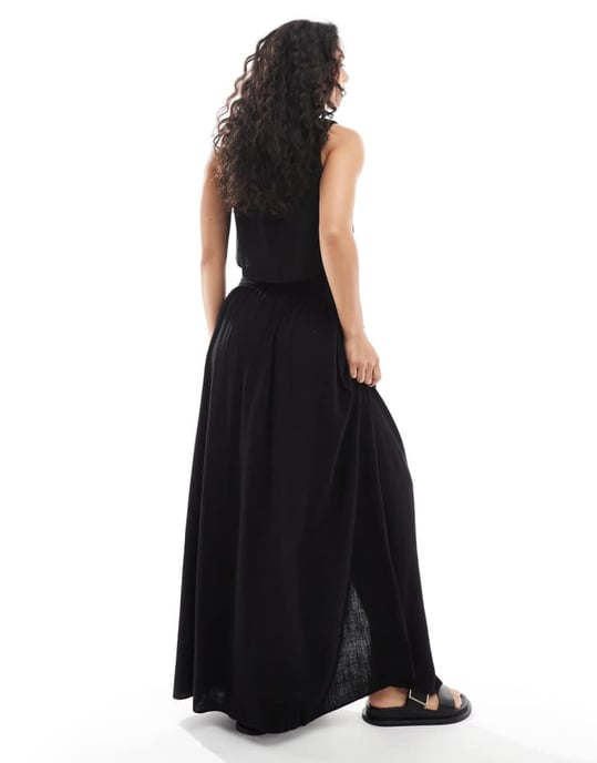 ASOS DESIGN samordnad linne maxikjol med knapppdetalj framtill i svart - Image 4
