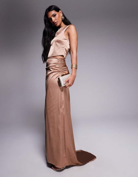 TFNC satin train maxi skirt co-ord in mocha - Image 1