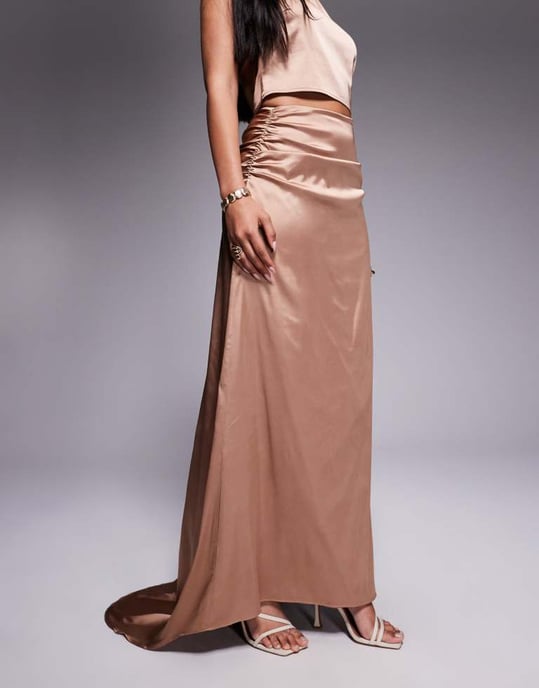 TFNC satin train maxi skirt co-ord in mocha - Image 2