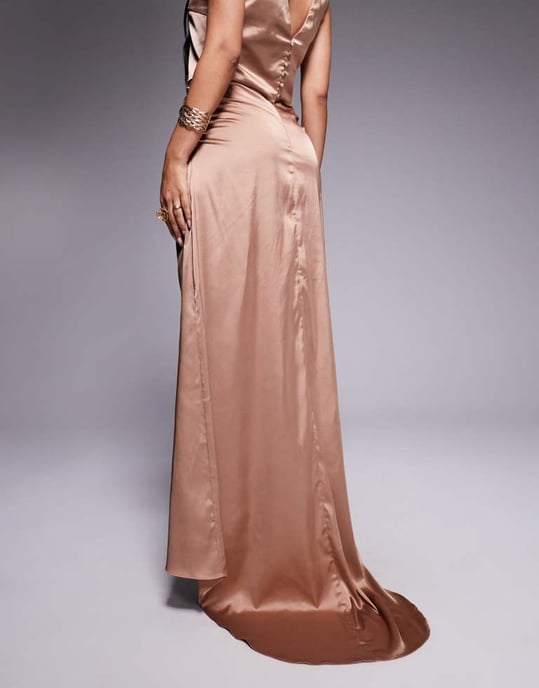 TFNC satin train maxi skirt co-ord in mocha - Image 3