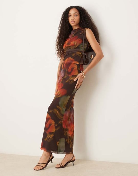 ASOS DESIGN mesh blur blommig tryckt låg midja maxikjol i brun - Image 1