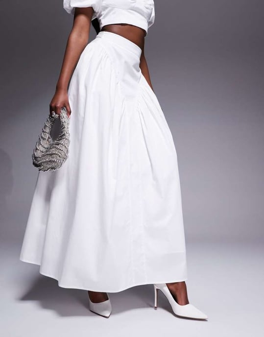 ASOS LUXE co-ord cotton sateen exaggerated maxi skirt with bow back in white - Image 2