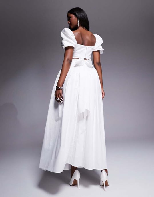 ASOS LUXE co-ord cotton sateen exaggerated maxi skirt with bow back in white - Image 3