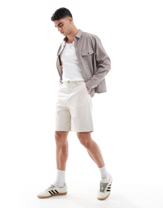 ASOS DESIGN mittlängds shorts i linneblandning i stenfärg - Image 1