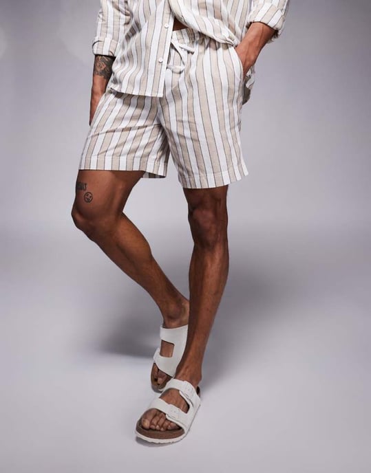South Beach drawstring beach shorts in beige and white stripe - Image 2