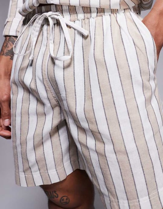 South Beach drawstring beach shorts in beige and white stripe - Image 4