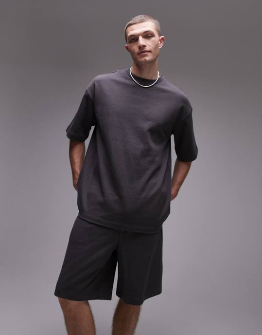 Topman avslappnad passform linneblandad kortärmad sweatshirt i kolgrått - Image 1