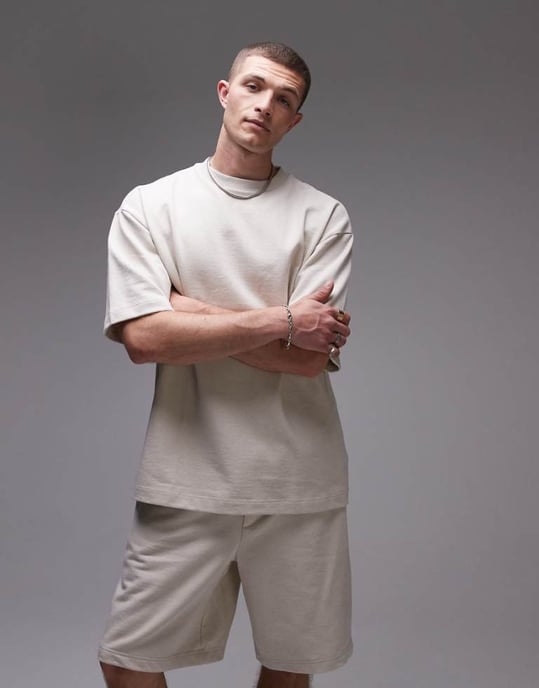 Topman avslappnad passform linneblandning kortärmad sweatshirt i stenfärg - Image 1
