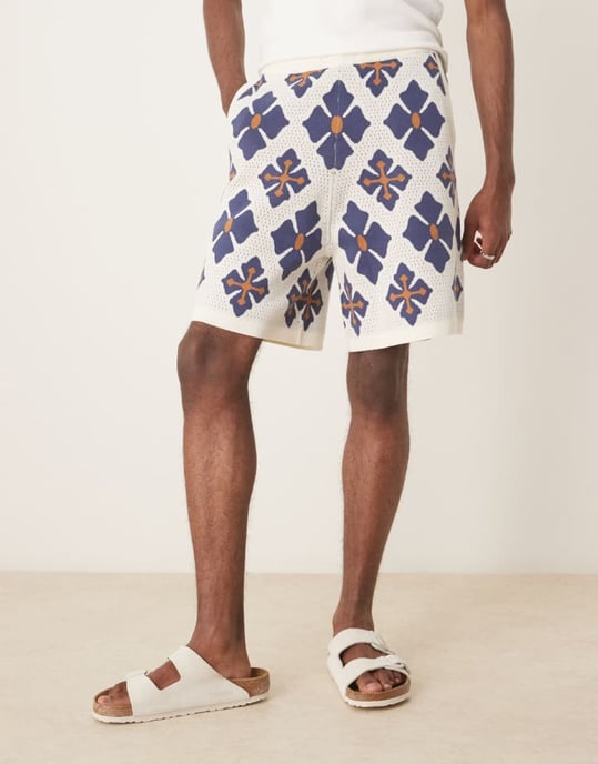 ASOS DESIGN överdimensionerade stickade shorts set med aztek-mönster i blått - Image 2