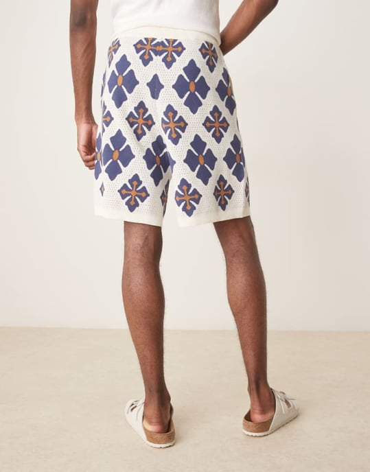ASOS DESIGN överdimensionerade stickade shorts set med aztek-mönster i blått - Image 4