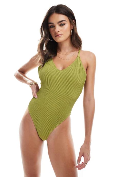 Vero Moda korsrygg krinklad baddräkt med hög benöppning i grön - Image 1
