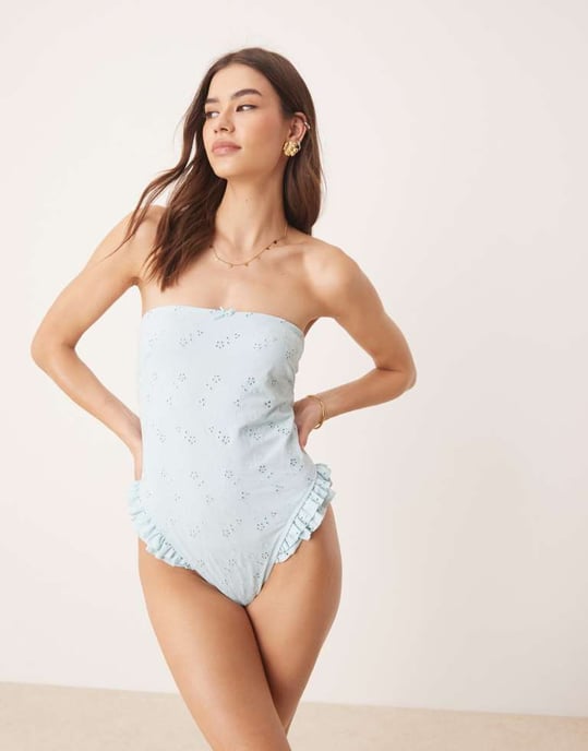 ASOS DESIGN Bobbi broderie volang baddräkt i blått - Image 2