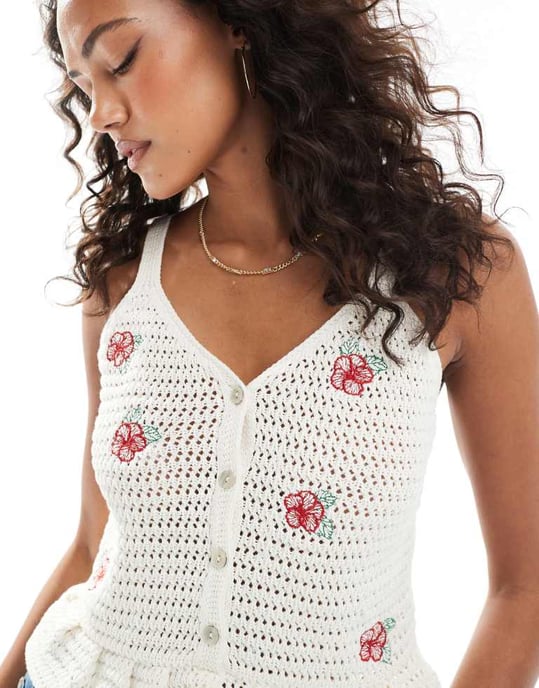 ASOS DESIGN virkad linne med blommönster i ecru - Image 3