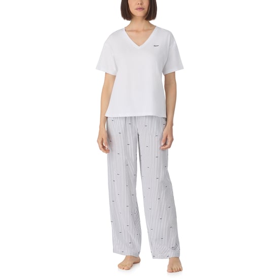 Short sleeve top and pant sleep set in white and white logo stripe - Image 1