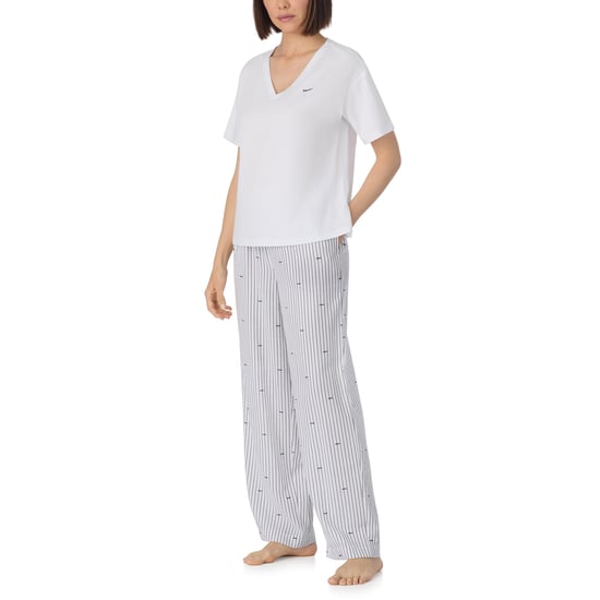 Short sleeve top and pant sleep set in white and white logo stripe - Image 3