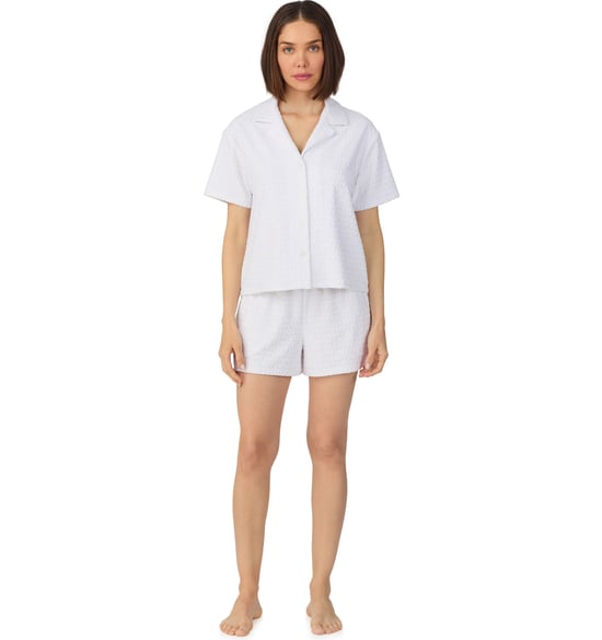 Short sleeve notch top and boxer sleep set in white logo - Image 1