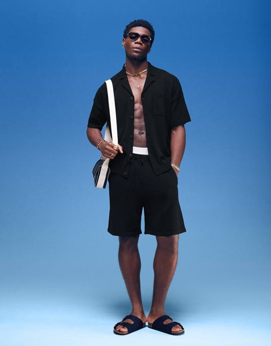 ASOS DESIGN oversized passform lätt texturerad knäppning polo co-ord i svart - Image 2