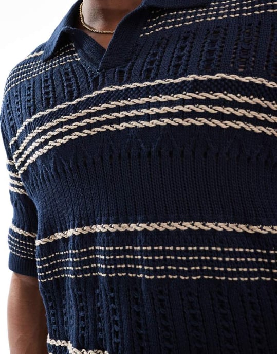 ONLY & SONS avslappnad passform öppen stickad polo i marinrandig - Image 4
