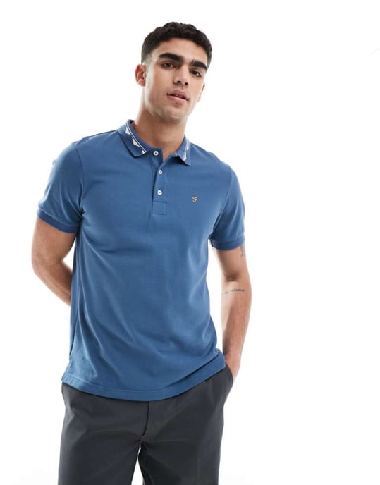 Farah Reeves kortärmad polo i blått med jacquardkrage - Image 1