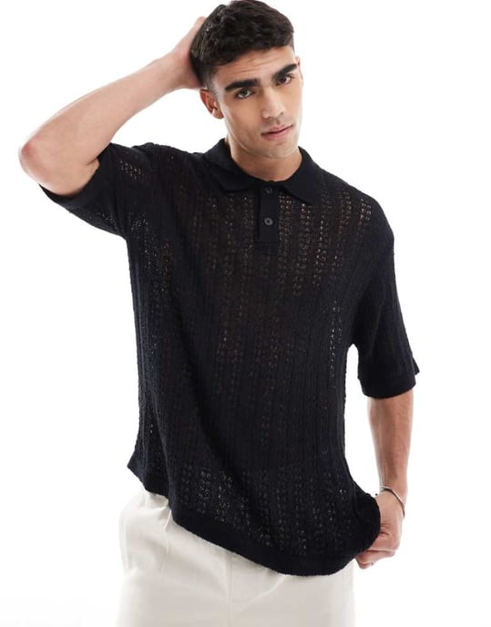 Jack & Jones virkade pikétröja i svart - Image 1
