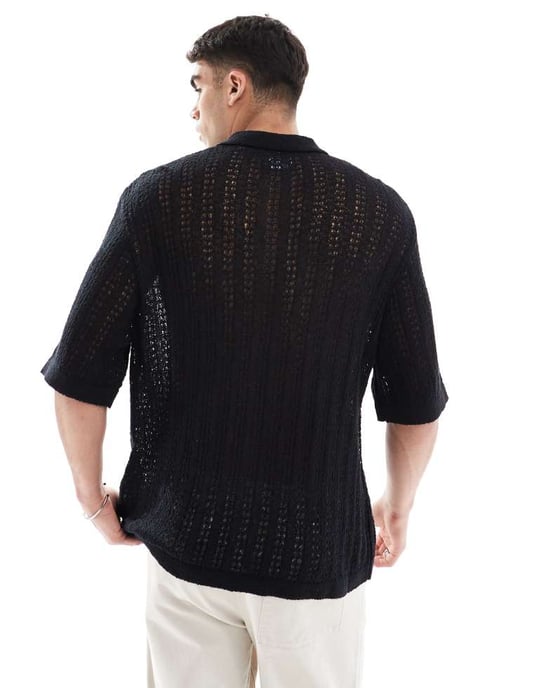 Jack & Jones virkade pikétröja i svart - Image 3