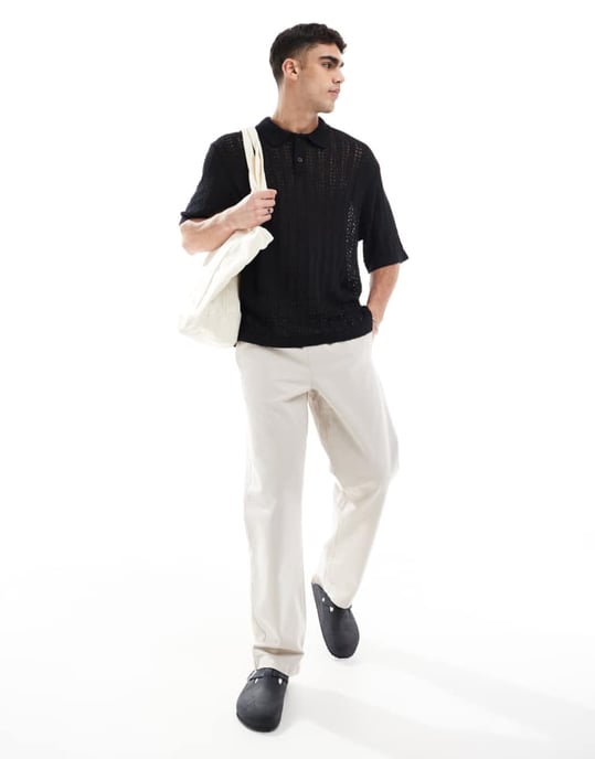 Jack & Jones virkade pikétröja i svart - Image 4