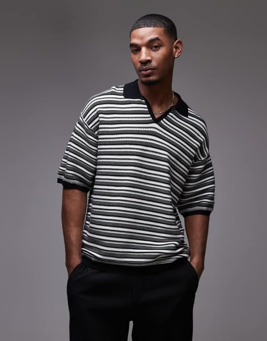 Topman stickad randig polo i monokrom - Image 1