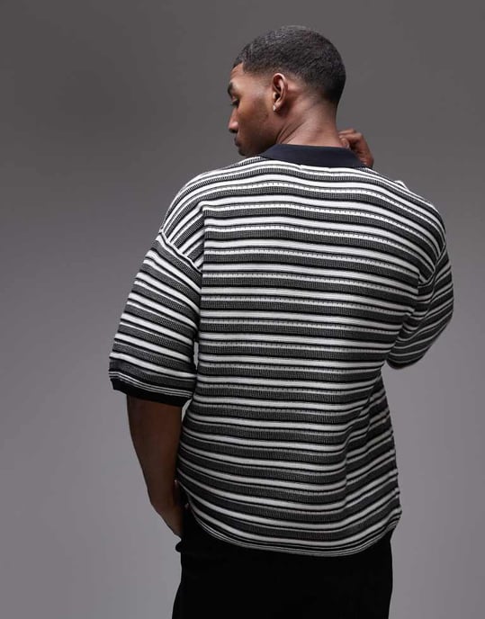 Topman stickad randig polo i monokrom - Image 3