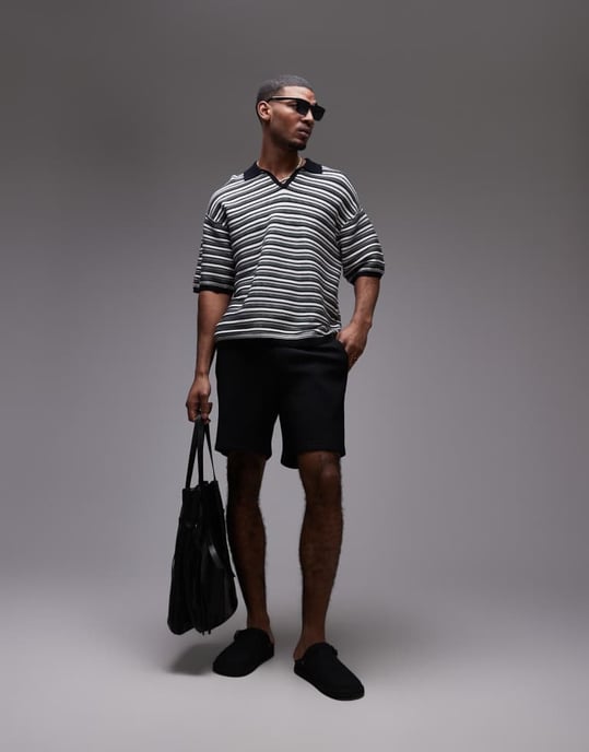 Topman stickad randig polo i monokrom - Image 4
