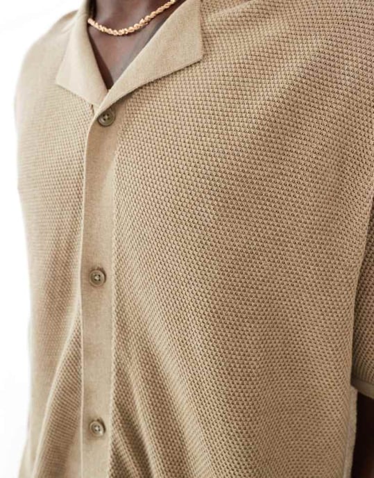 Jack & Jones oversized knäppt stickad polo i beige - Image 3
