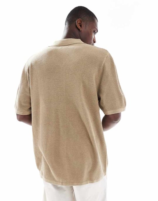 Jack & Jones oversized knäppt stickad polo i beige - Image 4