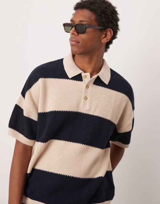 ASOS DESIGN oversize passform strukturerad stickad polo i marinrand - Image 1