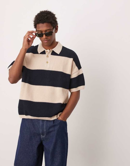 ASOS DESIGN oversize passform strukturerad stickad polo i marinrand - Image 2