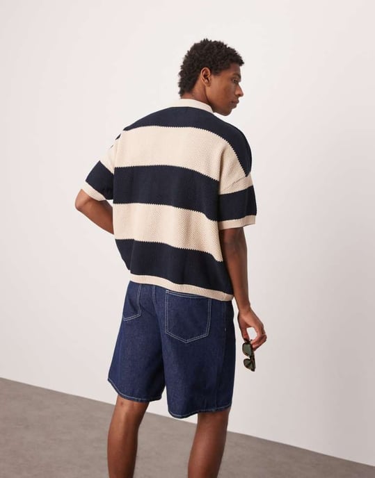 ASOS DESIGN oversize passform strukturerad stickad polo i marinrand - Image 3