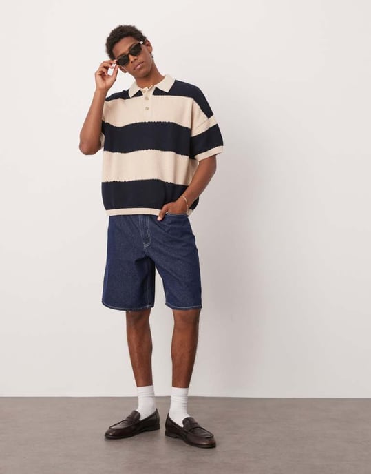 ASOS DESIGN oversize passform strukturerad stickad polo i marinrand - Image 4