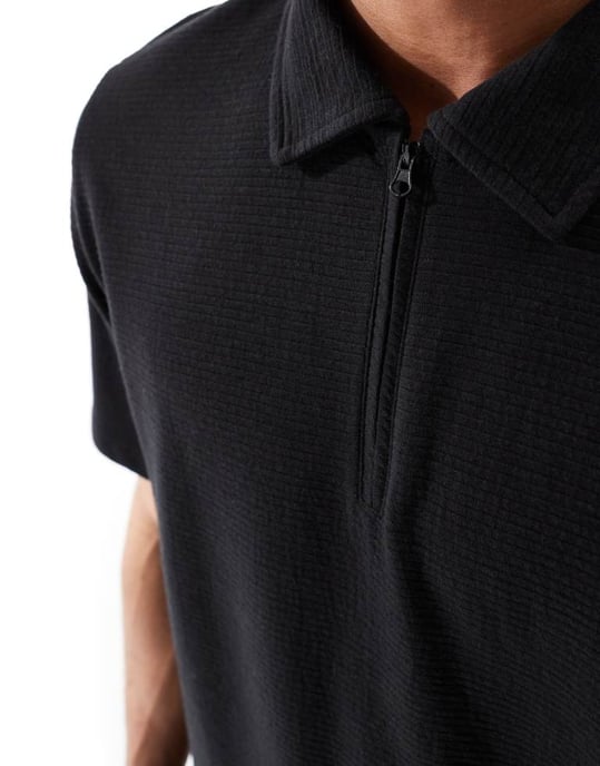 Jack & Jones texturerad zip polo i svart - Image 3