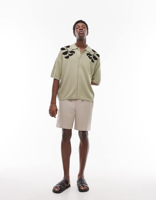 Topman broderad blommig stickad skjorta i salvia och svart - Image 4