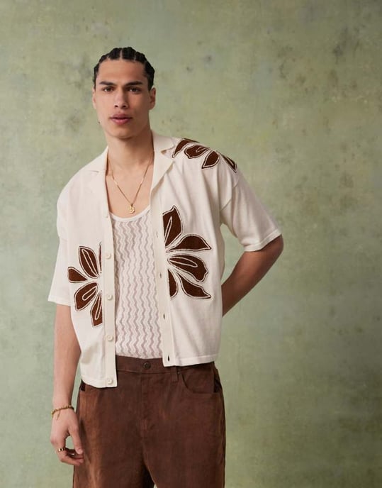 ASOS DESIGN avslappnad stickad polo med knappar och blommig broderi i ecru - Image 1