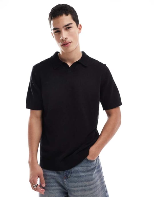 Jack & Jones Premium polo skjorta med delad krage i boucle-textur i svart - Image 1