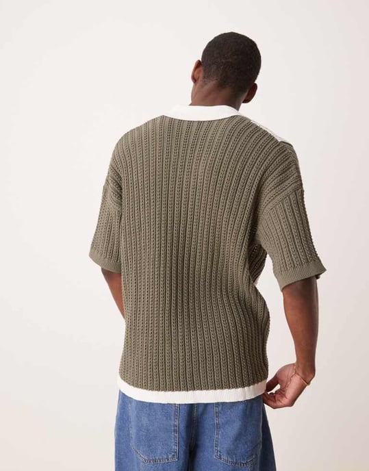 ASOS DESIGN avslappnad stickad skjortkrage knapp-up virkad polo i salviagrön och ecru - Image 2