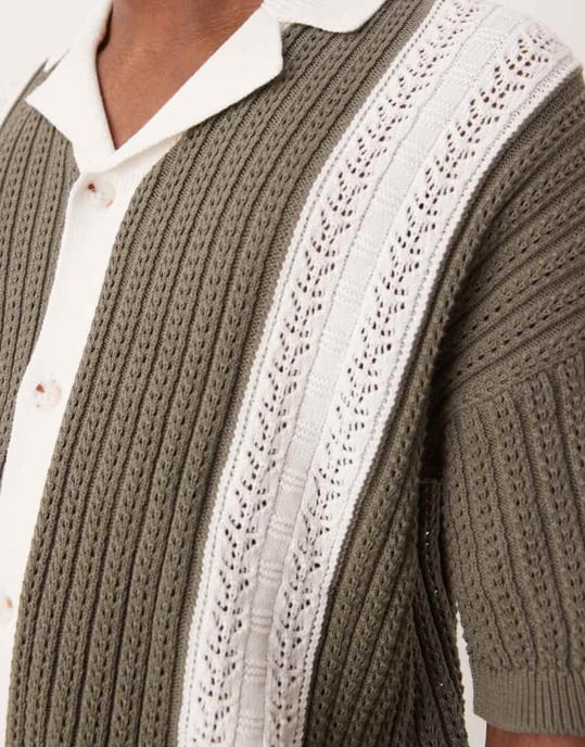 ASOS DESIGN avslappnad stickad skjortkrage knapp-up virkad polo i salviagrön och ecru - Image 3